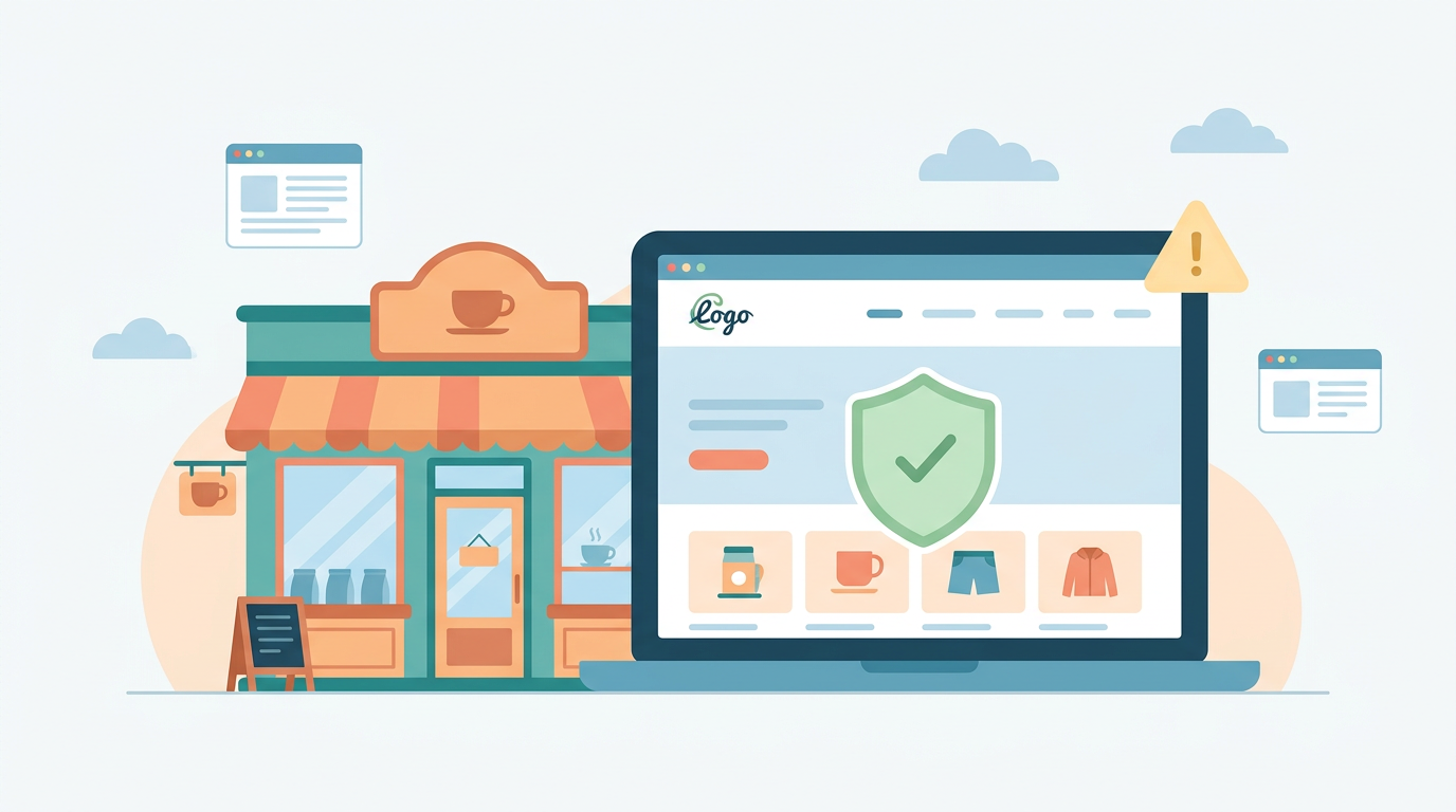 cartoon image of coffee shop with website overlay and a secure icon