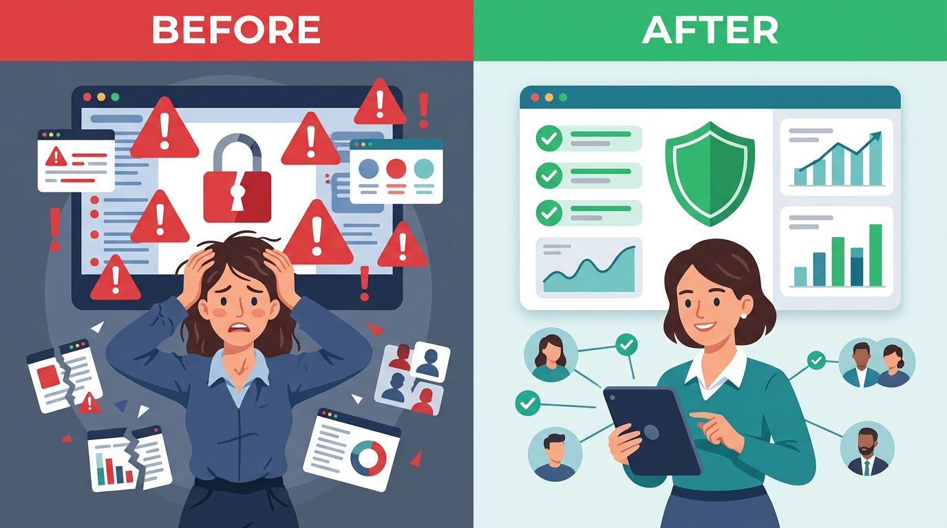 blog header image showing a stressed woman during a breach and a calm woman after rebuilding trust with her customers and partners