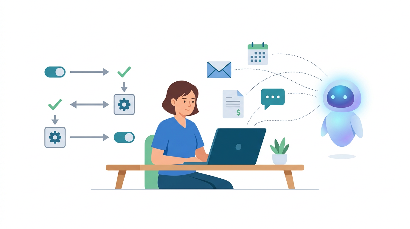 image of woman working and an automation flow chart and an ai agent helping